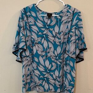 Worthington Teal and White Leaf Pattern Blouse
